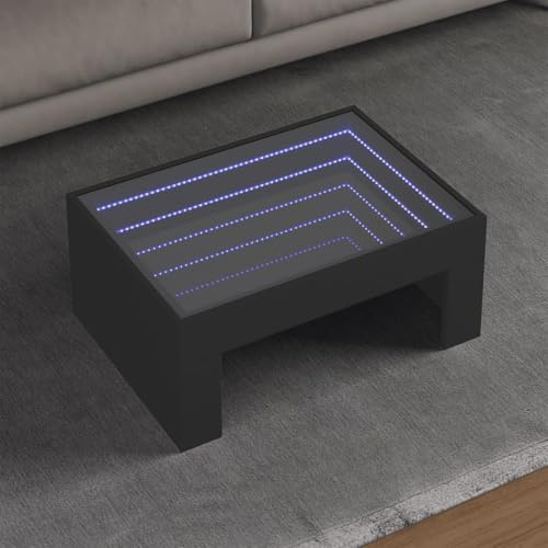 QJBSAVVA LED Infinity Coffee Table Black 70x50x30 cm Engineered Wood with RGB Glass Top, Modern Side Table for Living Room Bedroom Gaming