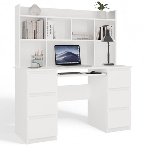 CDF Schreibtisch mit Aufsatz Computertisch 6 Schubladen Tastaturauszug | Arbeitstisch Regal Bürotisch Modernes Design Home Office 130 x 51 x 146 cm - Weiß
