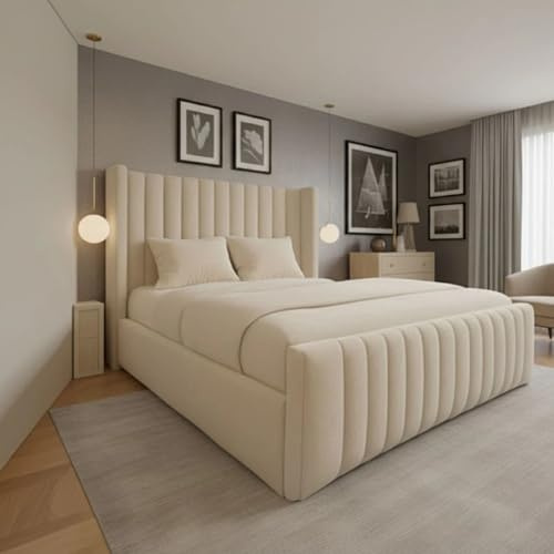 BedCrafter 48” Luxury Winged Panel Bed Frame | Plush Velvet Upholstered | Ottoman Gas Lift Storage & Mattress | Double King Superking Sizes (Cream (No Mattress), 4ft6 Double (No Gaslift))