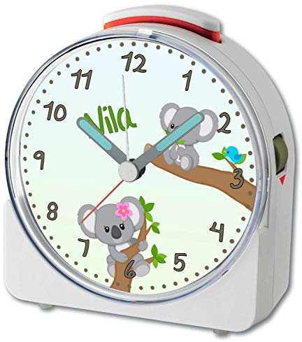 CreaDesign, WU-71-1081-01, Koala, analog Kinderwecker weiß, Funkwecker mit Sweep-Uhrwerk und fluoreszierenden Zeiger und Licht, personlisiert mit Namen, 10,2 x 4,6 x 11 cm