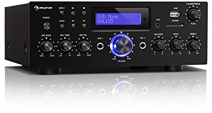 auna AMP-5 BT – Amplificador HiFi, Bluetooth, Potencia de Salida: 2 x 50 W RMS, USB/SD, Entrada AUX, DVD y CD, 2 Conectores de micrófono, Salida de grabación, Pantalla LED, Mando a Distancia, Negro