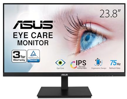 ASUS 23.8”1080P Monitor(VA24DQSB)-Full HD,IPS,75Hz,Speakers Adaptive-Sync Low Blue Light Flicker Free VESA Mountable Frameless, HDMI DisplayPort, VGA, USB hub Height Adjustable, BLACK,12.8x21.3x2.1