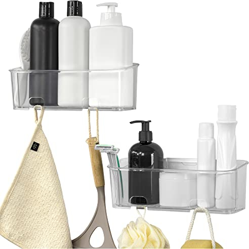 S.B.Weston Shower Caddy - Rust Proof, No-Drilling, No Suction Cups - Easy to Remove Wall Mounted Bathroom Organiser Storage Shelf (Clear - 2 Pack)