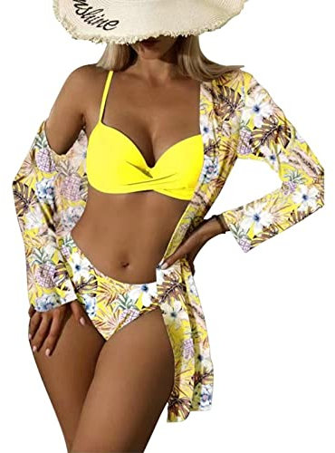 Litthing Damen Bikini Set mit Schalbluse, Push up Verstellbar Crossover Ties-up Neckholder Bikinioberteil Gedruckt High Waist Bikini Bademode Bauchweg Swimsuit, Gelb