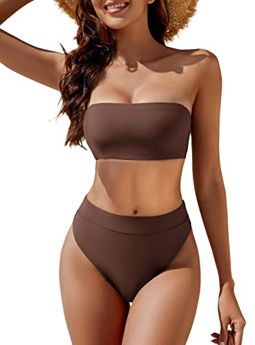 YACUN Women Strapless Bandeau High Waist Two Piece Bikini Set Coffee S