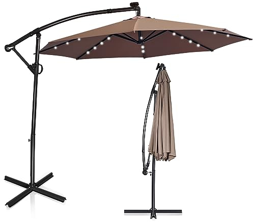 KOMFOTTEU Ombrellone LED da Giardino con Manovella, Ombrellone Parasole con Supporto, Rotazione a 360°, Pieghevole, Inclinabile, Ombrellone da 300 x 230 cm, per Terrazza, Piscina, Marrone