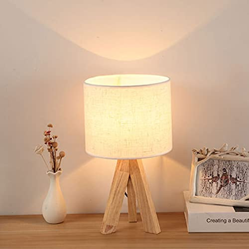 Yuehuamech Wood Bedside Table Lamp Tripod Desk Lamp with Beige Linen Fabric E27 Base Lampshade Desk Lamps Night Light for Reading Study Home Office Bedroom Living Room
