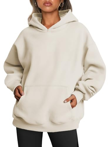 Famulily Damen Kapuzenpullover Casual Winter Warm Fleece Pullover mit Kapuze Sweatshirt Langarm Pullover mit Taschen Beige XL