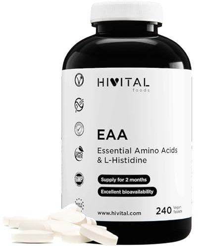 EAA Essentielle Aminosäuren. 240 vegane Tabletten für 2 Monate. 9 Essentielle Aminosäuren für Pre- und Post-Workout. Hergestellt von HIVITAL