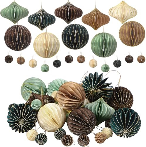 TecUnite 50 Stück Wabenpapier-Weihnachtsbaumschmuck, Boho, 3D-Mini-Glitzerrand, Papierwaben, hängende Ornamente, neutrale Vintage-Weihnachtsbaumdekoration, Feiertagsparty, Neujahrsdekoration (neutral)