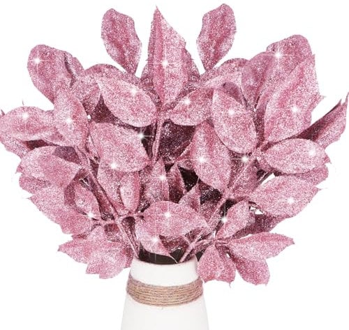12 Pcs Artificial Christmas Leaves, Shiny Foliage Sparkling Tree Picks - Glitter Stem Picks for Xmas Tree Wreath Garland Craft Decor (Pink)