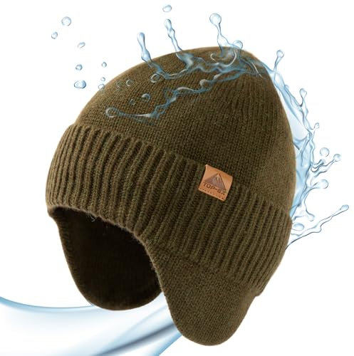 TOP-EX XL/XXL 80% Merinowolle Beanie Herren Damen mit Ohrenschutz Warm Wintermütze wasserdichte Strickmuetze mit Fleecefutter Outdoor Ski Extra Großer Kopf Mütze Grün
