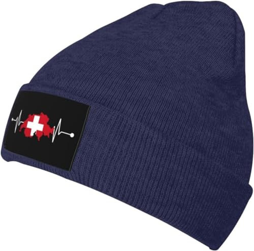 Strickmütze Schweizer Flagge Schweiz Herzschlag Beanie Mütze Daily Wintermütze Bequeme Beanie Hut Für Running Camping Fischen