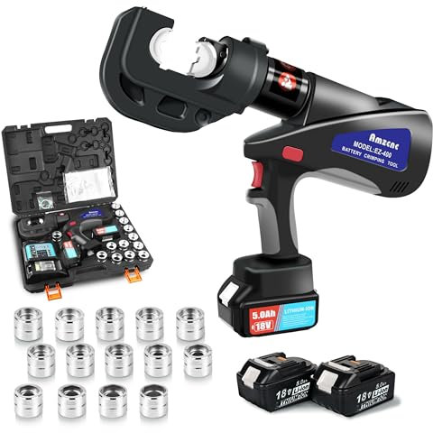 AMZCNC Wiederaufladbare Hydraulische Crimpzange, 18V Lithium Batterien 2 Stück, 16-400mm², 12 Stempel, Kabelschuh Crimpzange