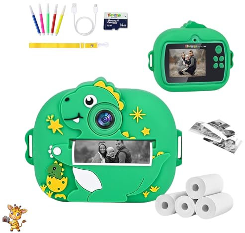 Appareil Photo Instantané Enfant Dinosaure - Impression Thermique - Coque Antichocs Jurassique - 4 Rouleaux Inclus - Photo/Selfie - Video 1080P - Carte mémoire 32GB - Cadeau Parfait Éducatif Créatif