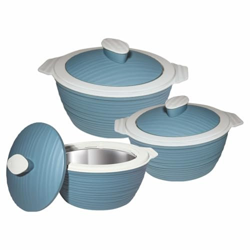 Eason Bros - Insulated Hot Pot Casserole Hot & Cool Food Serving Dish with Lid Set of 3 - Double Wall Inner Stainless Steel Thermal Food Container, BPA-Free Serving Box Gift Set (Blue - 1L, 1.5L, 2L)