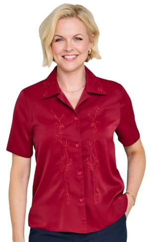 Chums Ladies Embroidered Short Sleeve Button Up Blouse | Women's Lightweight 100% Polyester Shirt with Contrasting Embroidery & Button Up Front