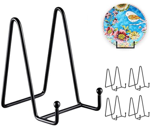 Arimsoa Plate Stands for Display - 6 Inch Metal Plate Holder Easel Display Stand Tabletop Picture Stand Black Iron Easels for Decorative Plates/Picture Frames/Photos (4Pcs)