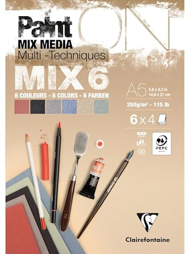 Clairefontaine 976014C - Zeichen- und Skizzenblock PaintON MIX 6 geleimt, 24 Blatt A5 (14,8x21cm) 250g, sortiert 6x4 Blatt, für Mixed Media, 1 Stück