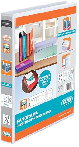 Elba A4 2 D-Ring Binder, 25mm Capacity, 40mm Spine, Presentation Folder with Customisable Cover, Portrait, White (Single)