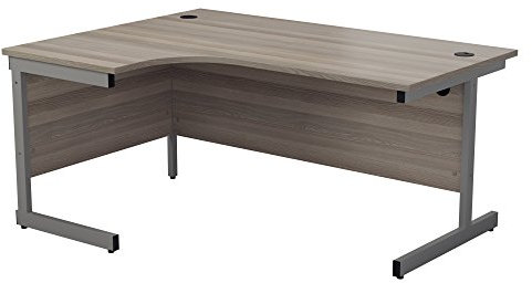 Office Hippo Heavy Duty Corner Desk, Strong & Reliable Workstation, Integrated Cable Ports, PC Desk For Office or Home - Grey Oak Top / Silver Frame