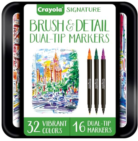 Crayola - Signature, 16 Marker Doppelspitze (Pinsel und feine Spitze), in verzierter Blechdose, kreative Aktivität und Geschenk, 58-6501