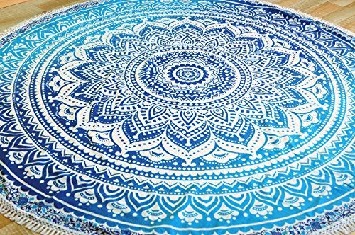 GURU SHOP Rundes Indisches Mandala Tuch, Boho Tagesdecke, Picknickdecke, Stranddecke, Runde Tischdecke - Blau, Baumwolle, 180x180x0 cm