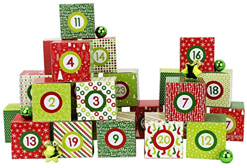 DIY Adventskalender Kisten Set - Motiv Rot-Grün - 24 bunte Schachteln zum Aufstellen und zum Befüllen - 24 Boxen - von Papierdrachen