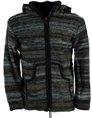 GURU SHOP Kuschelige gefütterte Strickjacke aus Schafwolle, Unisex | Fleece gefüttert, abnehmbare Kapuze, geräumige Taschen, fair gehandelt in Nepal