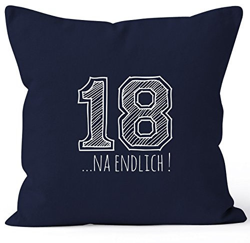 MoonWorks Kissenbezug Geschenk Geburtstag 18... NA endlich College Sketch Kissen-Hülle Deko-Kissen Baumwolle Navy 40cm x 40cm