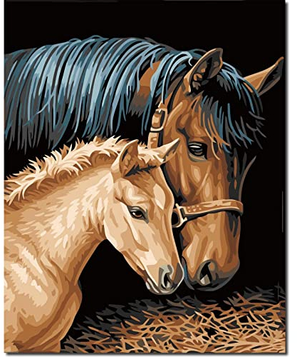 Fuumuui Kit de peinture par numéros avec pinceaux, peintures acryliques et toile de 40 x 50 cm, pour débutants adultes et enfants, motif animal, couple de chevaux