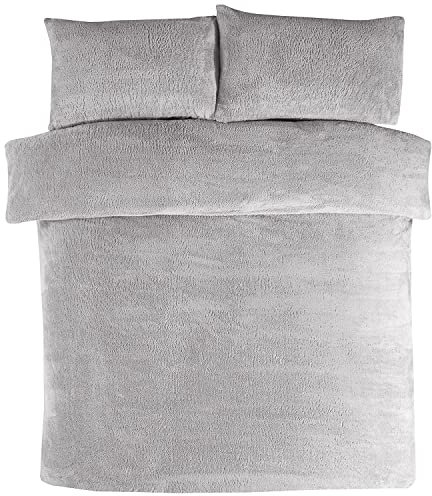 Sleepdown Teddy Fleece Duvet Cover Quilt Bedding Set with Pillow Cases Thermal Warm Cosy Super Soft - Double - Grey