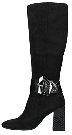 Stivali Alti Donna Cafe'Noir in camoscio Nero con Fibbia Grande e Pelle pitonata Lucida. Chiusura con Zip Laterale. Tacco Robusto da 8,5cm. N.40