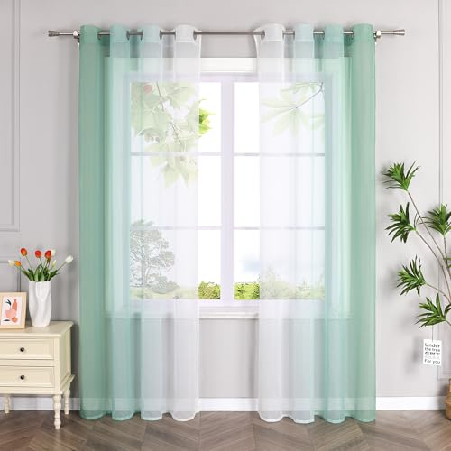HeichkelL 2er-Set Voile Gardinen mit Ösen Farbverlauf Vorhänge Transparente Ösen Gardinenschals Verlaufenfarbige Fensterstores Grün BxH 140x225cm 2 Stück