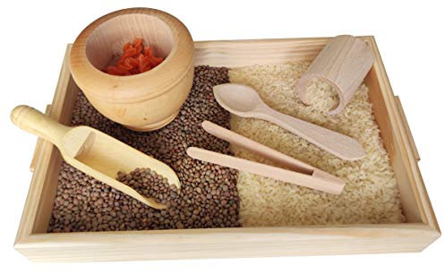GERILEO Juego de Accesorios de Cocina de Madera - Trasvases Montessori - Bandeja con Pinzas, cucharas, cubiletes, morteros, Palas de Madera (6 Piezas)