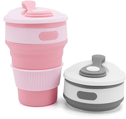 Beowanzk 2er Set Faltbecher, 350ml Faltbarer Becher, Faltbecher Silikon, 100% Lebensmittelqualität Silikon Bpa-Frei (Hellgrau + Hellrosa)