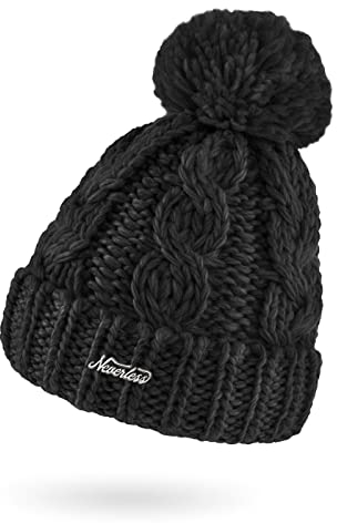 Neverless® Damen Mütze Grobstrick Strick-Bommel Pudelmütze Zopfstrickmuster Wintermütze Umschlag schwarz Unisize