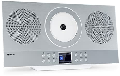 auna Silver Star Swing Chaîne compacte Verticale - Chaîne stéréo Internet, Radio Dab+ avec Tuner FM, Lecteur CD, Bluetooth, MP3, Connexion USB, AUX, télécommande Incluse, argenté