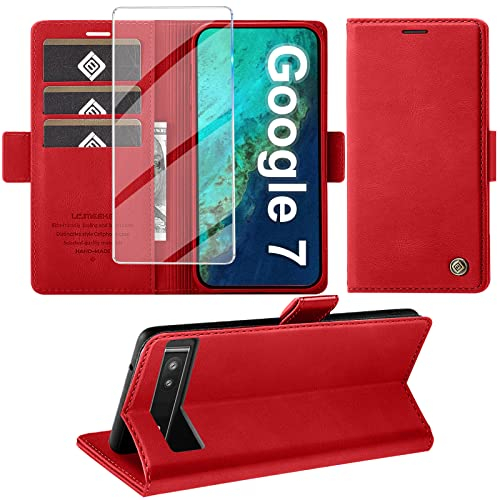 Handyhülle für Google Pixel 7 Mit Schutzfolie, Standfunktion, Kartenfach - Premium Leder Schutzhülle Mit Flip Case Cover, Stoßfeste Klapphülle (Rot)