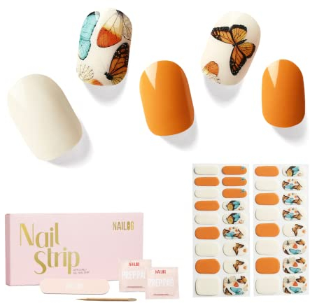 NAILOG Semi Cured Gel Nail Strips, 34 pcs Salon-Quality Gel Nail Stickers, Long Lasting Nail Wraps for Women with Soft Gel Finish, Butterflies