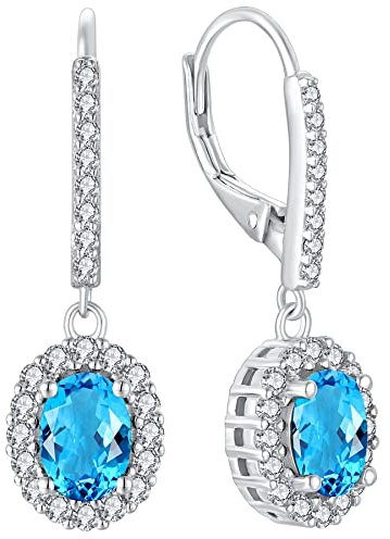 YL Damen Ohrhänger 925 Sterling Silber März Geburtsstein Aquamarin Oval Ohrringe