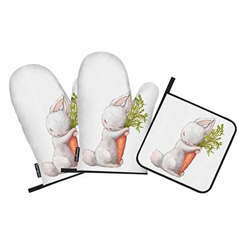 Samgula Niedliche Kaninchen-Ofenhandschuhe und Topflappen-Set, schlafender Hase mit Karotte, hitzebeständig, 3 Stück zum Kochen, Backen, Grillen
