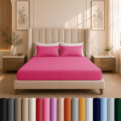 Moonlight Bedding Double Fitted Sheet - 25cm Deep Pockets Ultra Soft Brushed Microfiber Pink Double Fitted Bed Sheets Breathable, Fade Resistant Easy Care Double Bed Sheet (137 x 190 Cm)