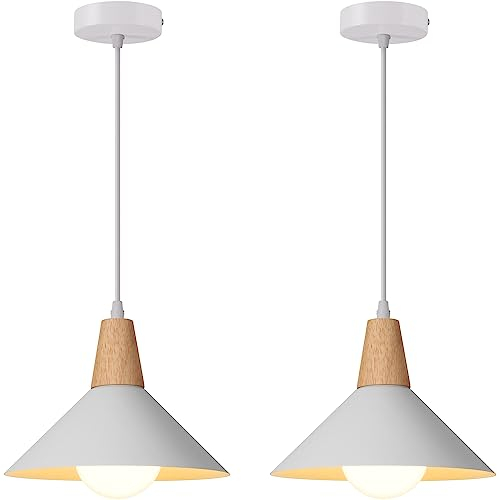 AWEKLIY Lámpara Colgante Vintage de Metal, E27 Lámpara Colgante de Techo de Madera, Led Lámpara de Techo de Estilo Retro Rústica Industrial para Dormitorio Salon Comedor Cocina, 25CM (Blanco)