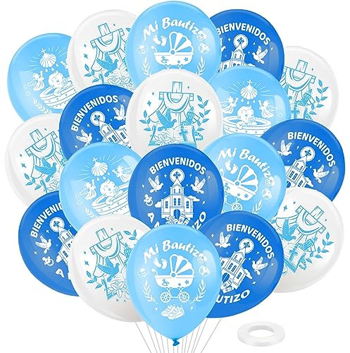 DPKOW 28 Piezas Globos de Bautizo para Bebé Niño Decoraciones de Mi Bautizo, Azul Blanco Bautismo Globos de Fiesta Bautizo Globos de Látex para Bebé Nacimiento Comunión Baby Shower Decoraciones Adorno