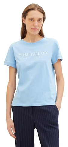 TOM TAILOR Damen Basic T-Shirt mit Logo-Print, 34587 - Light Fjord Blue, L