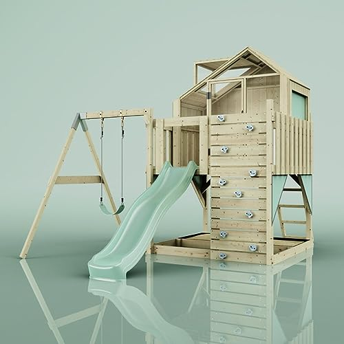 Rebo Spielturm mit Spielhaus inkl. Wellenrutsche und Kinder-Schaukel, Outdoor Klettergerüst Garten,Mintgrün