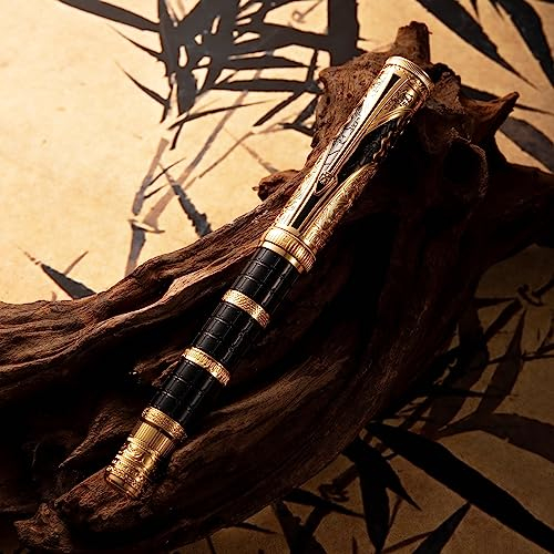 Hongdian D5 Qin Dynasty Füllfederhalter Schwarz Gold, Extra feine Feder Kolbenfüllstift, Retro Chinesisches Totem Gravur Glattes Schreiben Füller mit Stiftbox Set