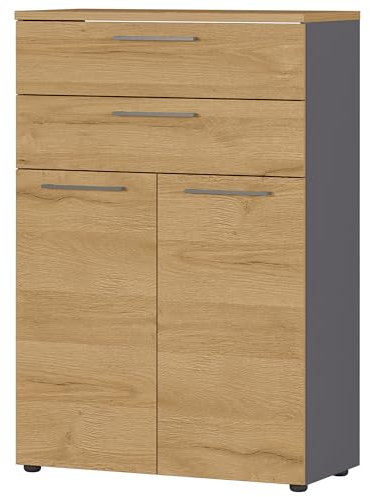 bümö Andratx Mehrzweckschrank 80cm breit, Büroschrank mit 2 Schubladen, Aktenschrank klein, Schrank mit Regal, Kommode in Graphit-Eiche aus Holz, Sideboard mit Metallgriffen