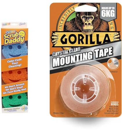 Scrub Daddy Colors, Sponge Scrubber Multipack, Dish Sponges for Washing Up & Gorilla Double Sided Mounting Tape Clear 1.5m, Pack of 1